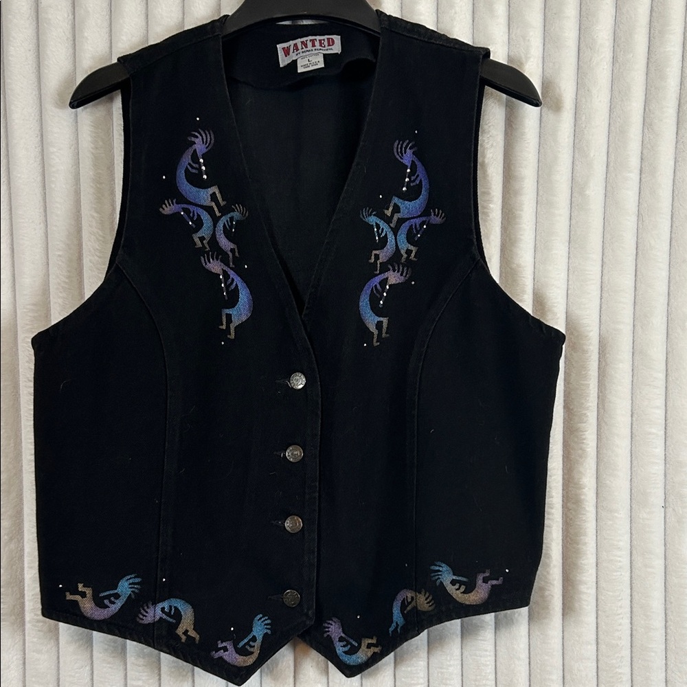 Vintage 90s Wanted Southwestern kokopella Black Denim Jean Vest sz L